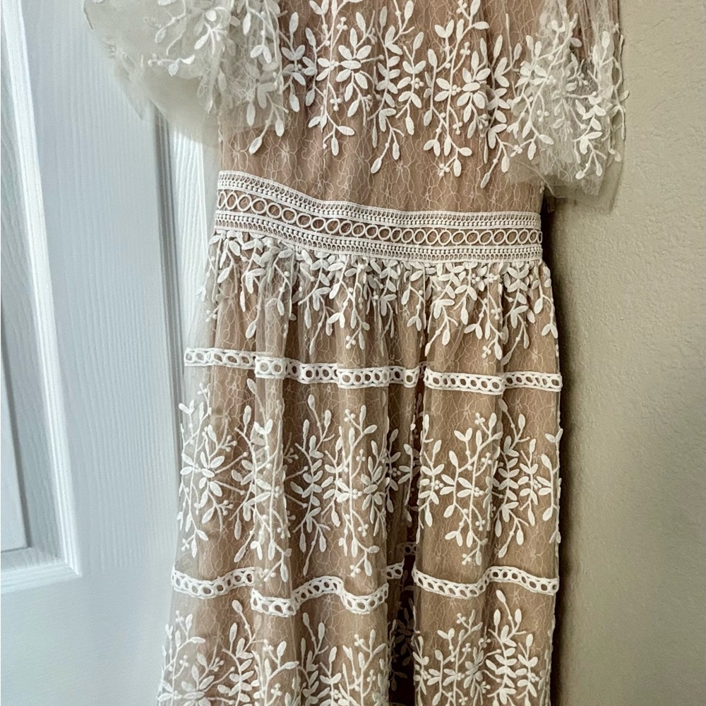 Ivy City Co Elegant Lace Midi Dress in Cream and White